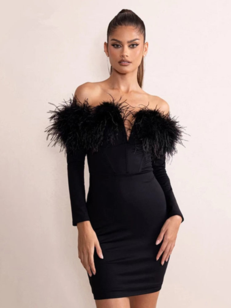 Off Shoulder Feather Mini Dress