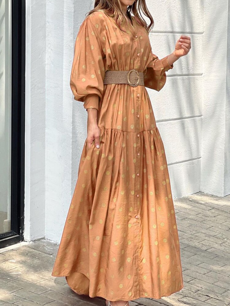 Spring Summer Loose Dress Women's Stand Collar Belt Polka Dot Printed Long Skirt Fashion Casual Street Women Dress Dresses Robe