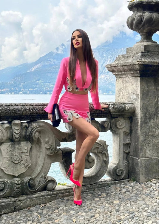  Pink Crop Suit with Rhinestone Butterflies -  - DYAVOR® 