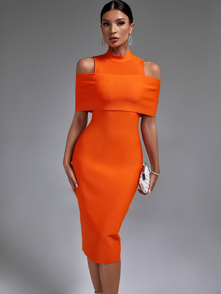 Off Shoulder Midi Orange Dress