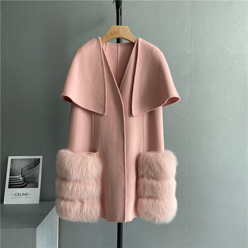 New 2023 Fall Winter Coats Luxury Women Real Lamb Wool Cashmere Fur Vest Waistcoat Stylish Long Real Fox Fur Jackets Cloak Coats