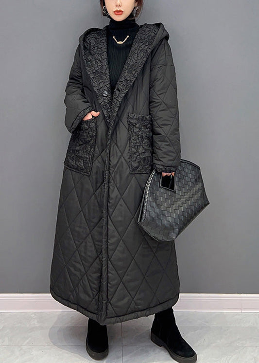  Simple Black Button Thick Warm Fleece Hooded Parka Winter - Down Jackets - DYAVOR® 