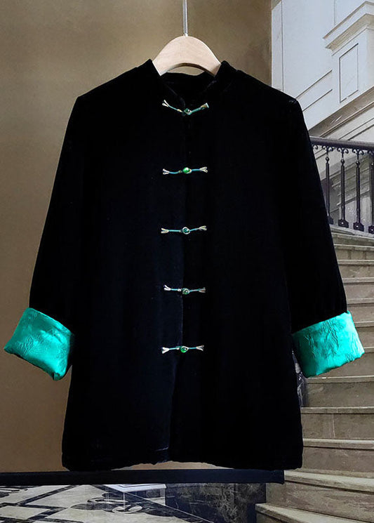 Simple Black Stand Collar Patchwork Silk Velour Fine Cotton Filled Coats Winter - Down Jackets - DYAVOR® 