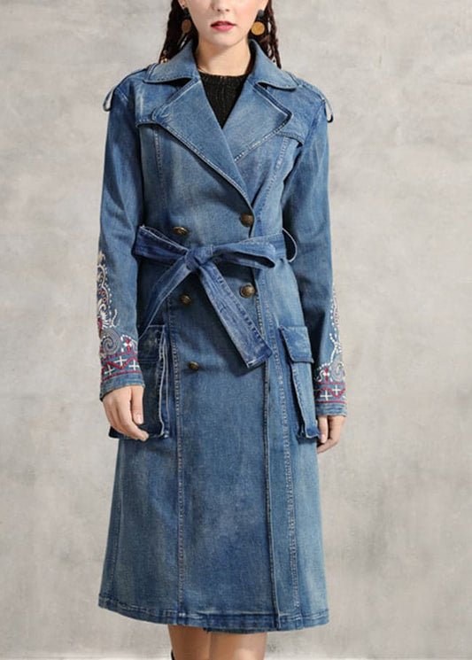  Simple Blue Peter Pan Collar Pockets Embroideried double breast Sashes Cotton Denim trench coats Spring - Trench coats - DYAVOR® 