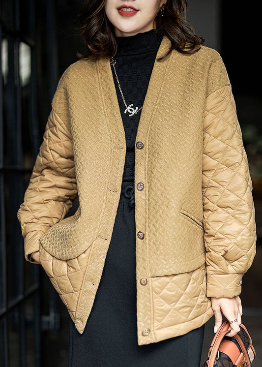  Simple Khaki V Neck Patchwork Fine Cotton Filled Women Witner Coats - Down Jackets - DYAVOR® 