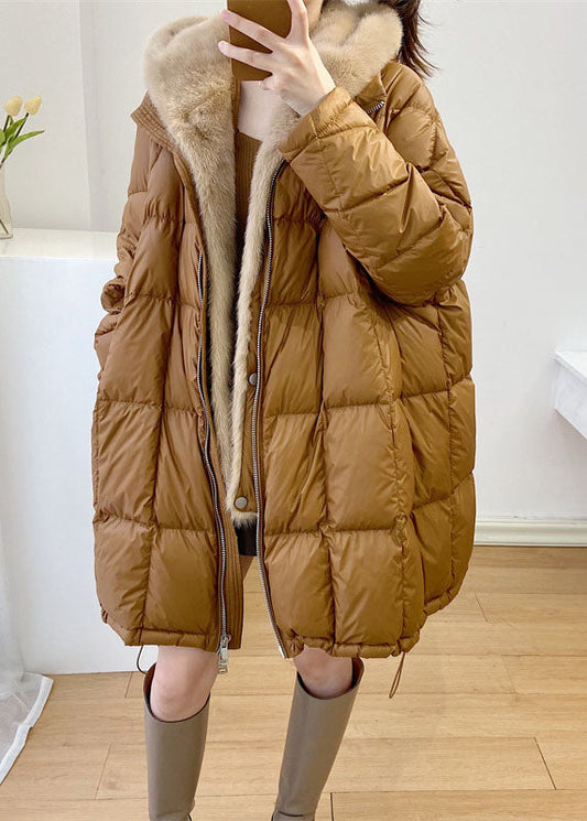  Simple Yellow Hooded Mink Hair Patchwork Duck Down Winter down coat - Down Jackets - DYAVOR® 