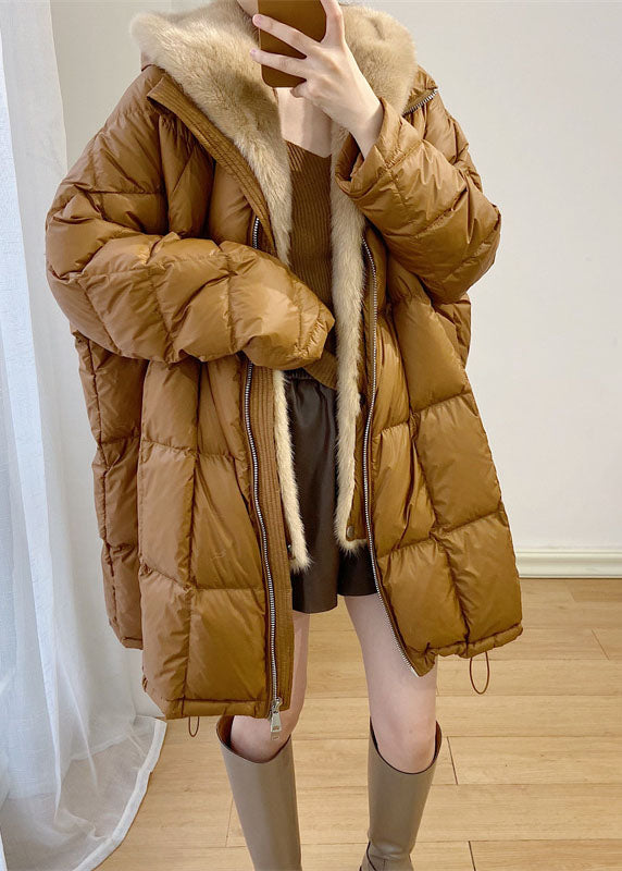  Simple Yellow Hooded Mink Hair Patchwork Duck Down Winter down coat - Down Jackets - DYAVOR® 