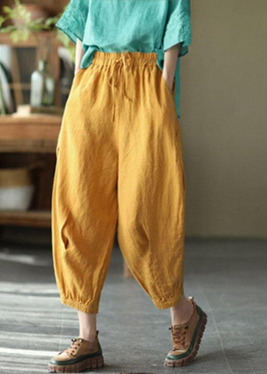  Simple Yellow Retro High Waist Pockets Summer Pants Linen - Pants - DYAVOR® 