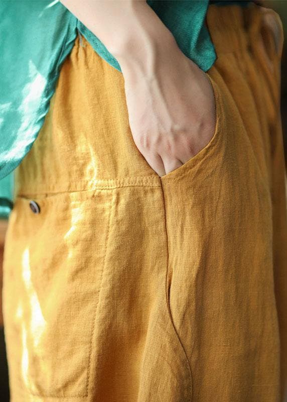  Simple Yellow Retro High Waist Pockets Summer Pants Linen - Pants - DYAVOR® 