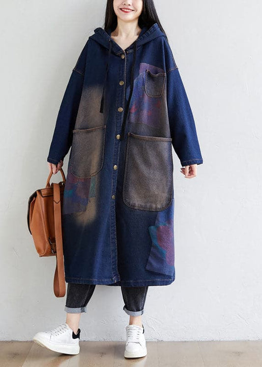 Simple dark Blue drawstring Hooded Pockets Print denim trench Coats Spring