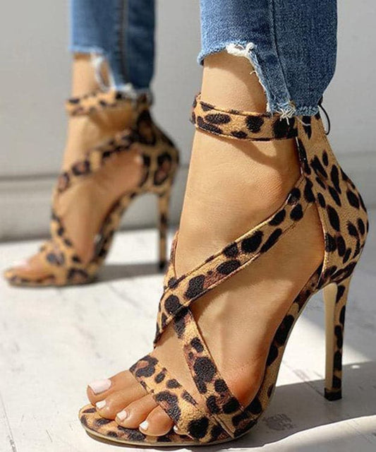  Soft Leopard Print Cross Strap zippered Stiletto Sandals Velour Fabric - High Heels - DYAVOR® 