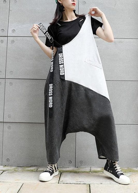  Strap  retro black gray patchwork overalls casual pants jeans women -  - DYAVOR® 