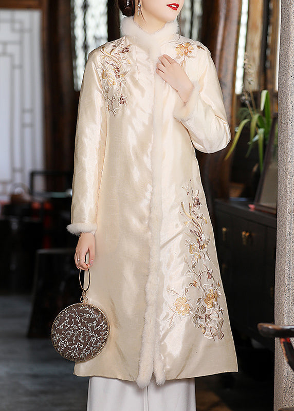 Stylish Apricot Faux Fur Collar Embroideried Floral Thick Satin Cheongsam Long Sleeve