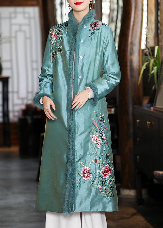 Stylish Apricot Faux Fur Collar Embroideried Floral Thick Satin Cheongsam Long Sleeve