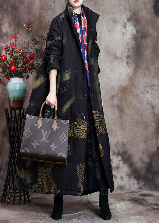  Stylish Black Stand Collar Oversized Print Pockets Fine Cotton Filled Puffer Wool Coats Winter - Down Jackets - DYAVOR® 