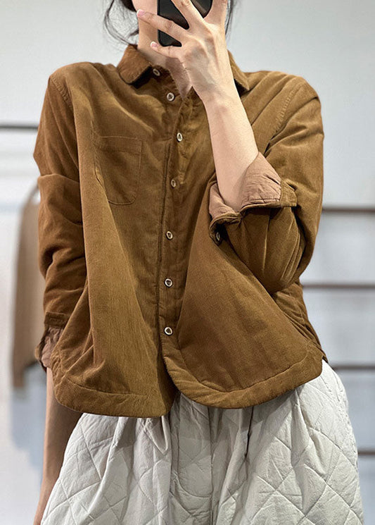  Stylish Chocolate Peter Pan Collar Pockets Contton Filled Corduroy Coats Winter - Down Jackets - DYAVOR® 