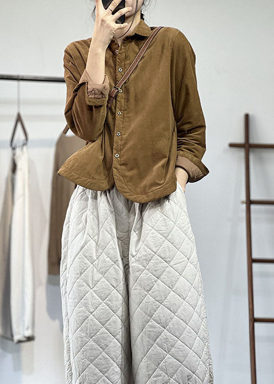  Stylish Chocolate Peter Pan Collar Pockets Contton Filled Corduroy Coats Winter - Down Jackets - DYAVOR® 