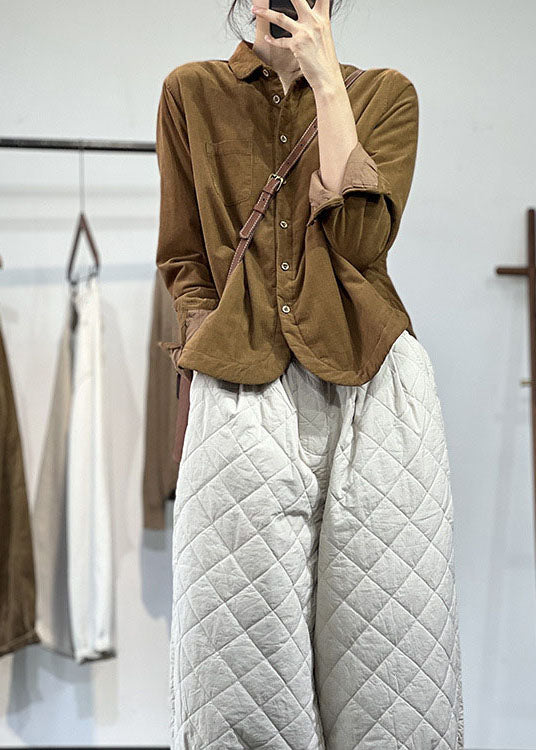  Stylish Chocolate Peter Pan Collar Pockets Contton Filled Corduroy Coats Winter - Down Jackets - DYAVOR® 