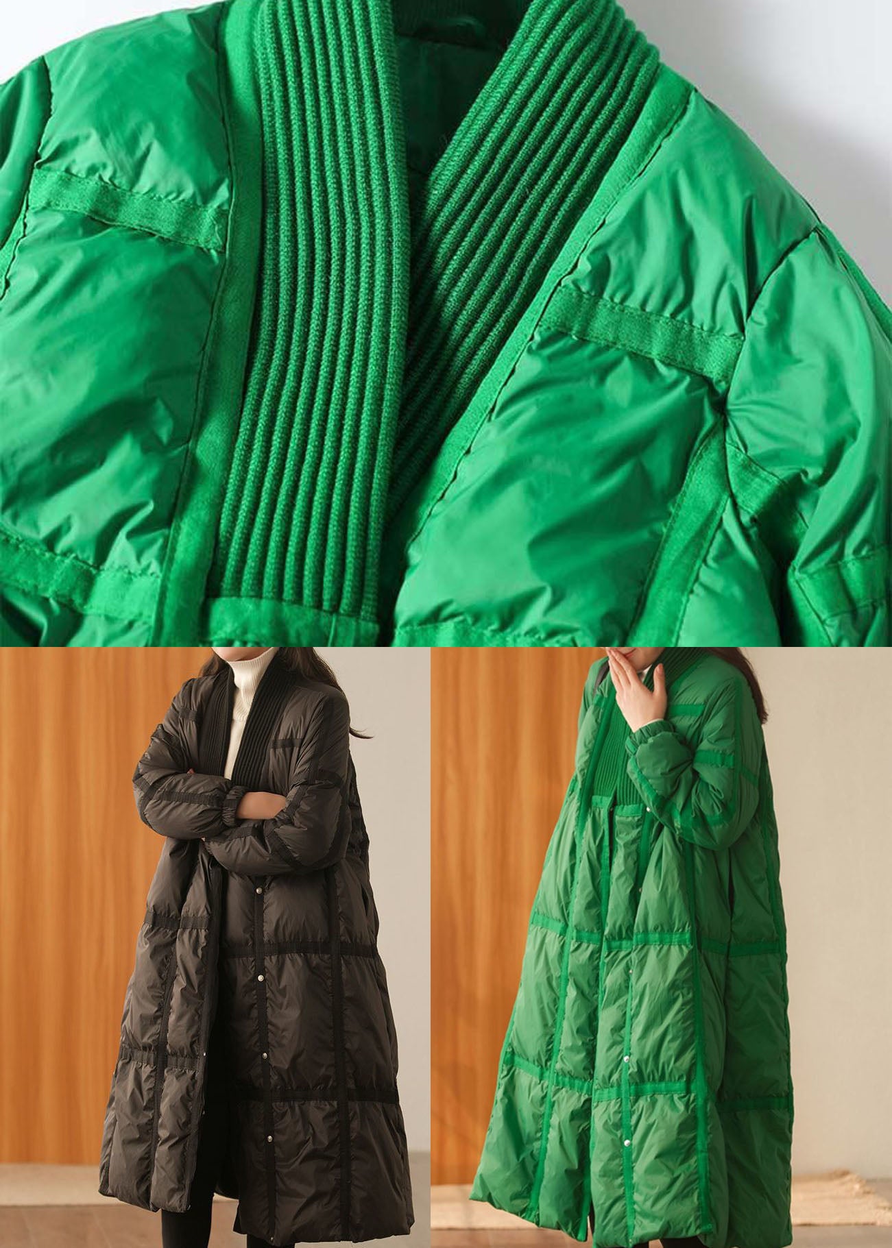  Stylish Green V Neck Knit Patchwork Duck Down Down Coats Winter - Down Jackets - DYAVOR® 