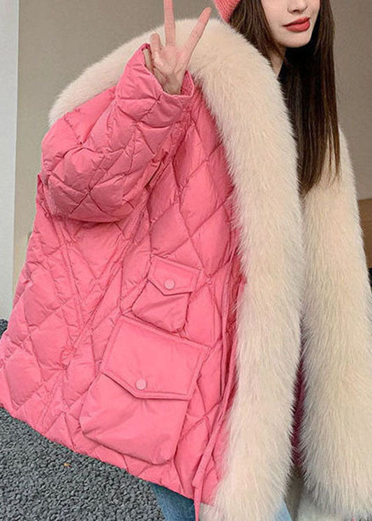  Stylish Pink Fox Hair Sailor Collar Pockets Fine Cotton Filled Puffers Jackets Winter - Down Jackets - DYAVOR® 