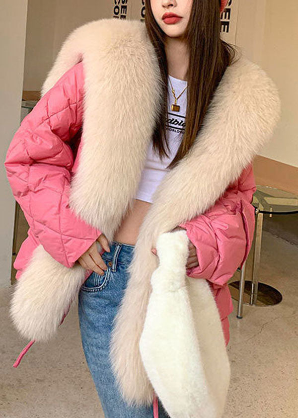  Stylish Pink Fox Hair Sailor Collar Pockets Fine Cotton Filled Puffers Jackets Winter - Down Jackets - DYAVOR® 