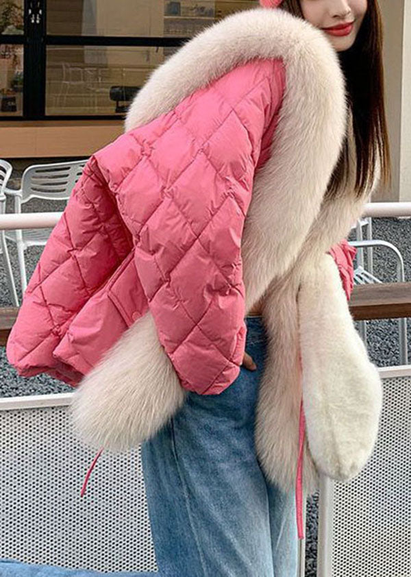  Stylish Pink Fox Hair Sailor Collar Pockets Fine Cotton Filled Puffers Jackets Winter - Down Jackets - DYAVOR® 