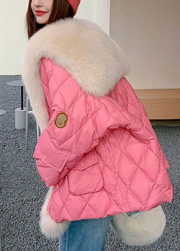  Stylish Pink Fox Hair Sailor Collar Pockets Fine Cotton Filled Puffers Jackets Winter - Down Jackets - DYAVOR® 