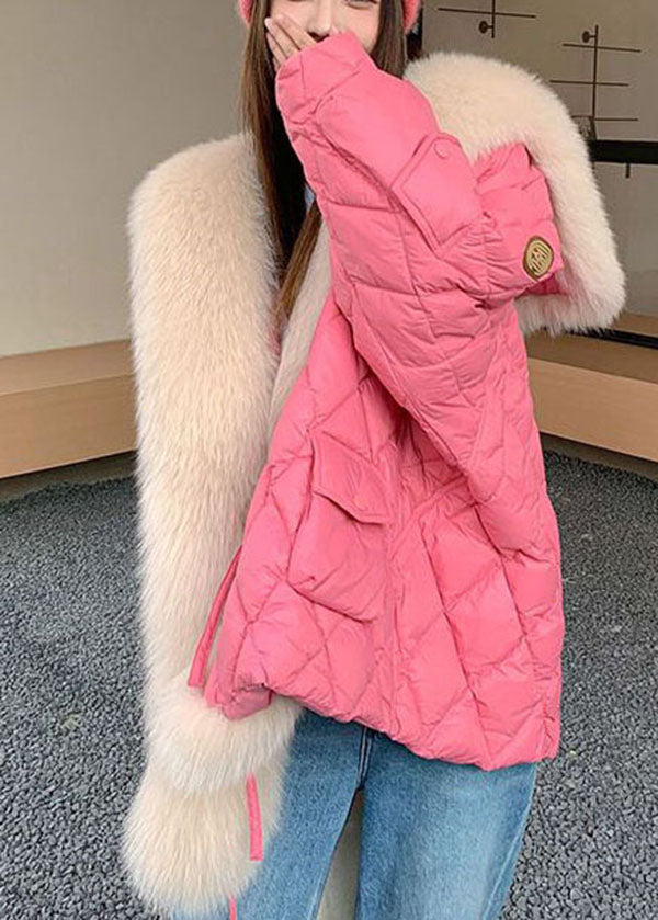  Stylish Pink Fox Hair Sailor Collar Pockets Fine Cotton Filled Puffers Jackets Winter - Down Jackets - DYAVOR® 