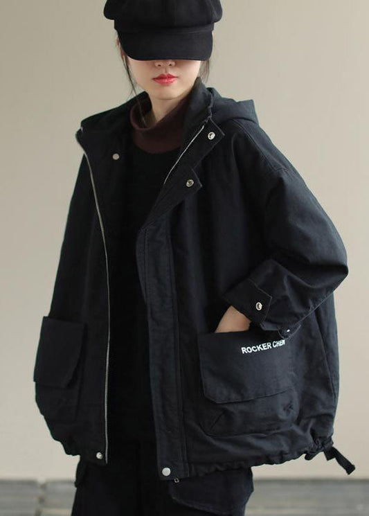  Unique Black Hooded Pockets Winter Cotton Coat Long sleeve - Down Jackets - DYAVOR® 