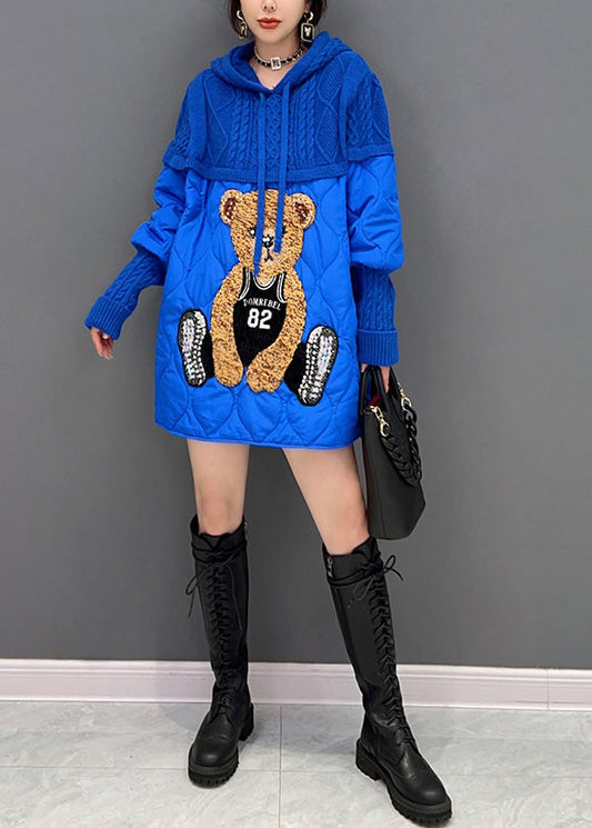  Unique Blue Little Bear Patchwork Drawstring Hooded Knit Parka Winter - Down Jackets - DYAVOR® 