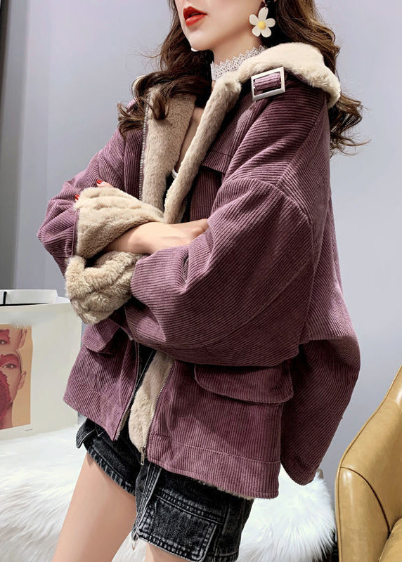  Unique Purple Peter Pan Collar Zippered Warm Fleece Thick Corduroy Parka Winter - Down Jackets - DYAVOR® 