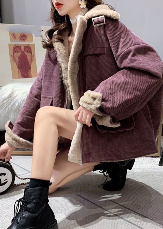  Unique Purple Peter Pan Collar Zippered Warm Fleece Thick Corduroy Parka Winter - Down Jackets - DYAVOR® 