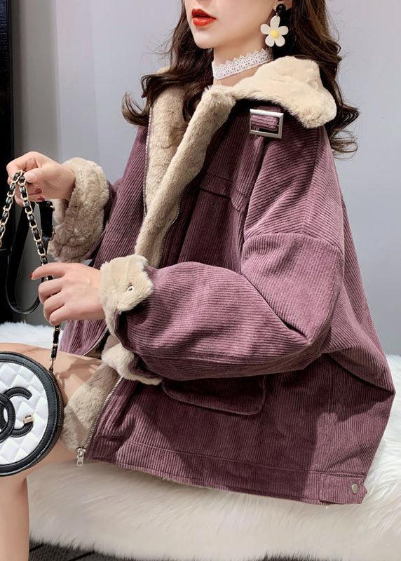  Unique Purple Peter Pan Collar Zippered Warm Fleece Thick Corduroy Parka Winter - Down Jackets - DYAVOR® 