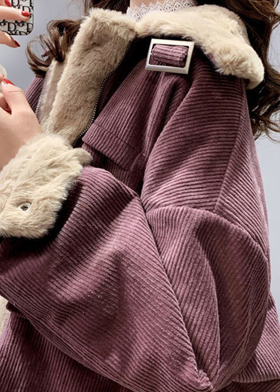  Unique Purple Peter Pan Collar Zippered Warm Fleece Thick Corduroy Parka Winter - Down Jackets - DYAVOR® 