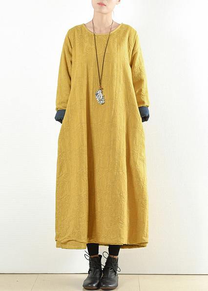  Unique yellow cotton clothes Women thick warm  Maxi o neck Dresses -  - DYAVOR® 