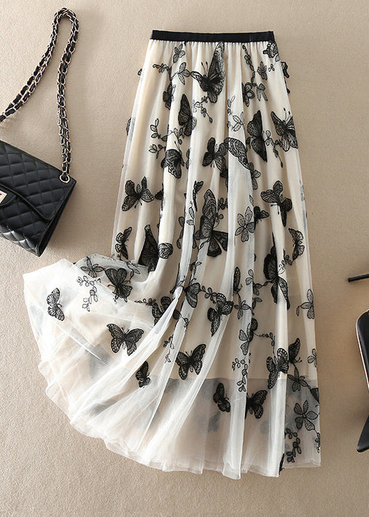  Vintage Beige Embroideried butterfly Tulle Skirts Spring - Skirts - DYAVOR® 