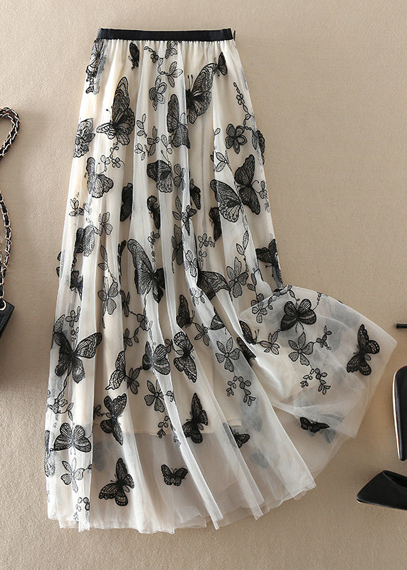  Vintage Beige Embroideried butterfly Tulle Skirts Spring - Skirts - DYAVOR® 