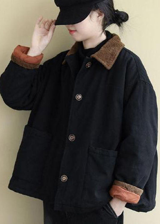  Vintage Black Peter Pan Collar Pockets Fine Cotton Filled Coats Winter - Down Jackets - DYAVOR® 