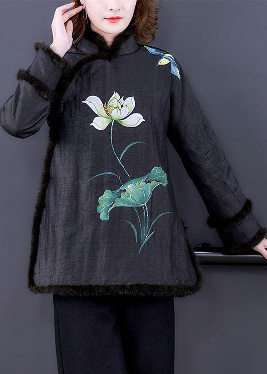  Vintage Black Print Fur Collar Fine Cotton Filled Warm Coats Winter - Down Jackets - DYAVOR® 
