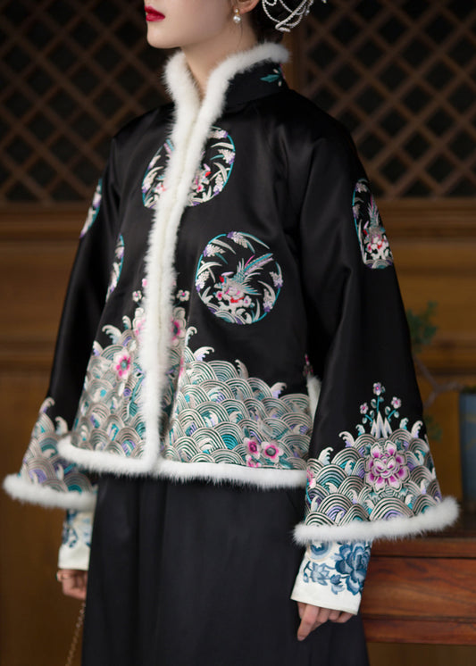  Vintage Black Stand Collar Embroideried Floral Silk Thick Parka Long Sleeve - Down Jackets - DYAVOR® 