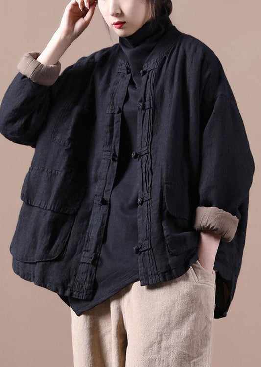  Vintage Black Fine Linen Jacket Cotton Filled Coat Winter - Down Jackets - DYAVOR® 