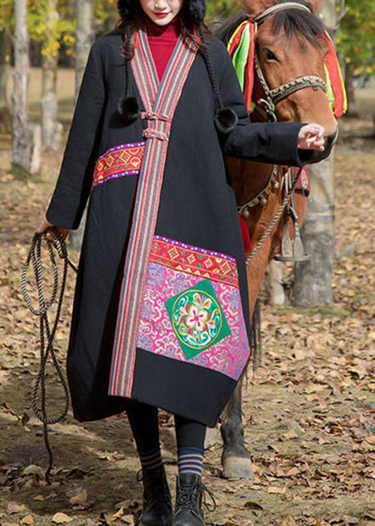 Vintage Black V Neck Embroideried Patchwork Applique Fine Cotton Filled Long Coats Winter - Down Jackets - DYAVOR® 