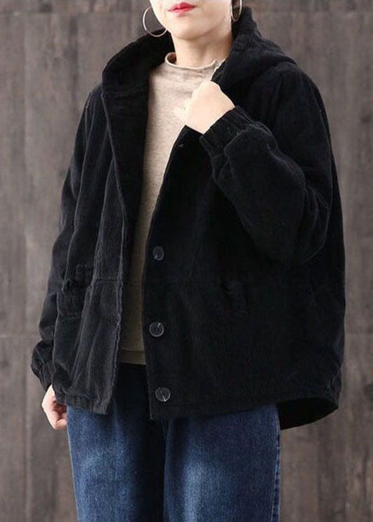 Vintage Black Warm Fine Cotton Filled Corduroy Hooded Coat Winter - Down Jackets - DYAVOR® 