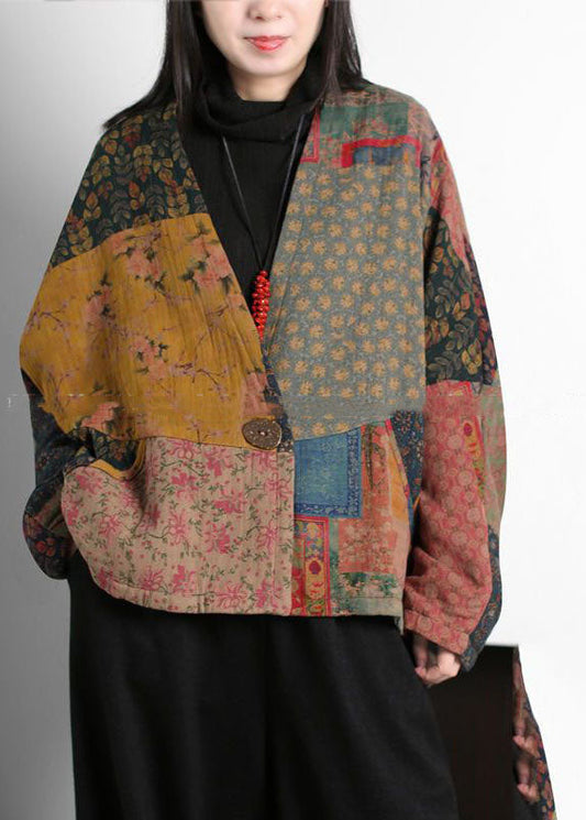  Vintage Colorblock V Neck Patchwork Print Fine Cotton Filled Coats Batwing Sleeve - Down Jackets - DYAVOR® 