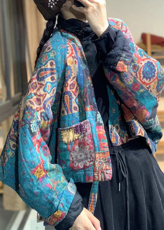  Vintage Flower Colour V Neck Pockets Print Linen Parka Batwing Sleeve - Down Jackets - DYAVOR® 