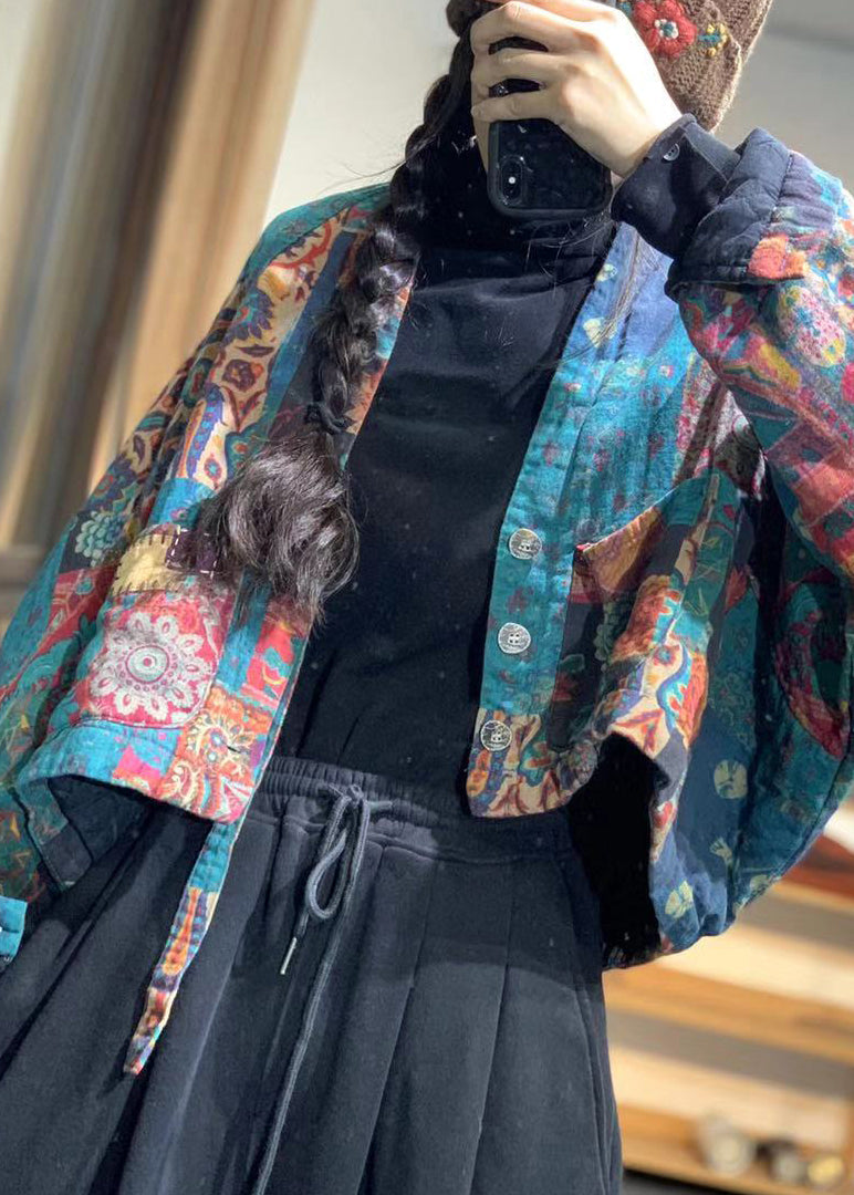  Vintage Flower Colour V Neck Pockets Print Linen Parka Batwing Sleeve - Down Jackets - DYAVOR® 