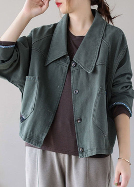  Vintage Green Button Patchwork Pockets Fall Denim Coat - Down Jackets - DYAVOR® 