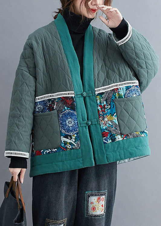  Vintage Green Embroideried Patchwork Fine Cotton Filled Winter Coats - Down Jackets - DYAVOR® 