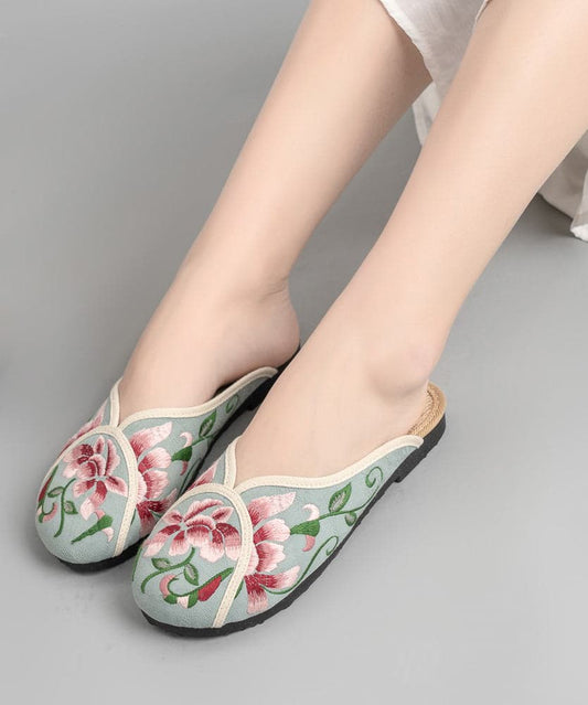  Vintage Green Linen Fabric Embroideried Comfy Slide Sandals - Slide Sandals - DYAVOR® 