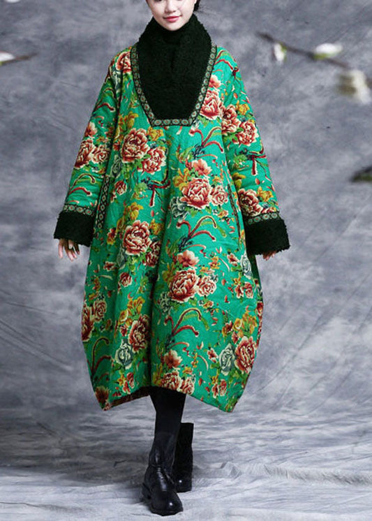  Vintage Green V Neck Patchwork Teddy Faux Fur Fine Cotton Filled Dress Caftan Winter - Down Jackets - DYAVOR® 